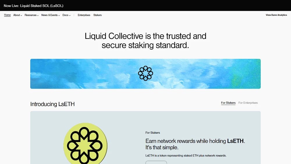 الصفحة الرئيسية لـ Liquid Collective تقدم LsETH، وهو توكن يمثل ETH الـ staked بالإضافة إلى مكافآت الشبكة للـ stakers والمؤسسات