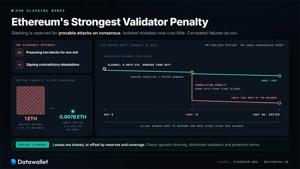 كيف تعمل عقوبات الslashing في Ethereum، مع تخفيض العقوبة الأولية إلى 0.0078 ETH منذ ترقية Pectra وعقوبة ارتباط تبلغ حوالي اليوم 18 من أصل حوالي 36 يوماً للخروج الإجباري.