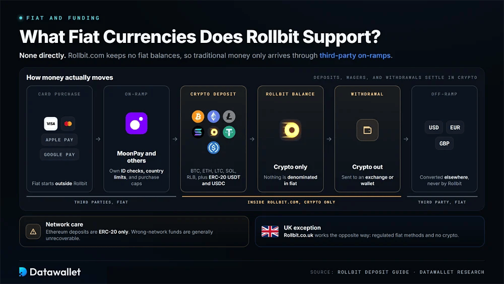 Rollbit funding flow from card purchase through MoonPay on-ramp to crypto deposit, crypto-only balance, crypto withdrawal, and third-party off-ramp to USD, EUR, or GBP