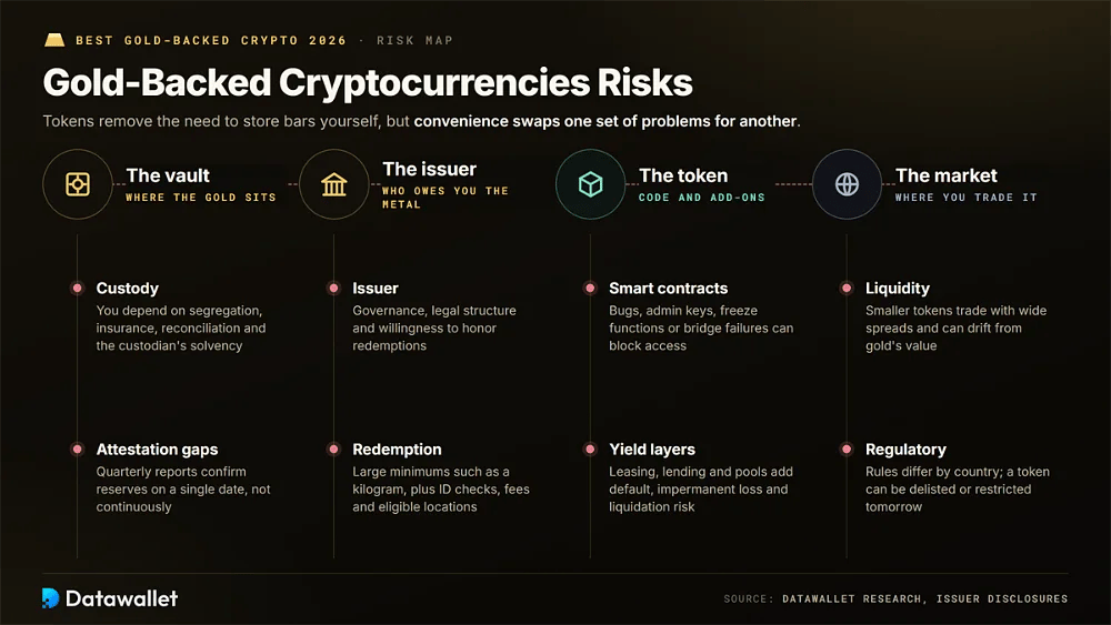 Otto rischi delle criptovalute garantite da oro, raggruppati per caveau, emittente, token e mercato, dalle lacune di custodia e attestazione alla liquidità e alla regolamentazione