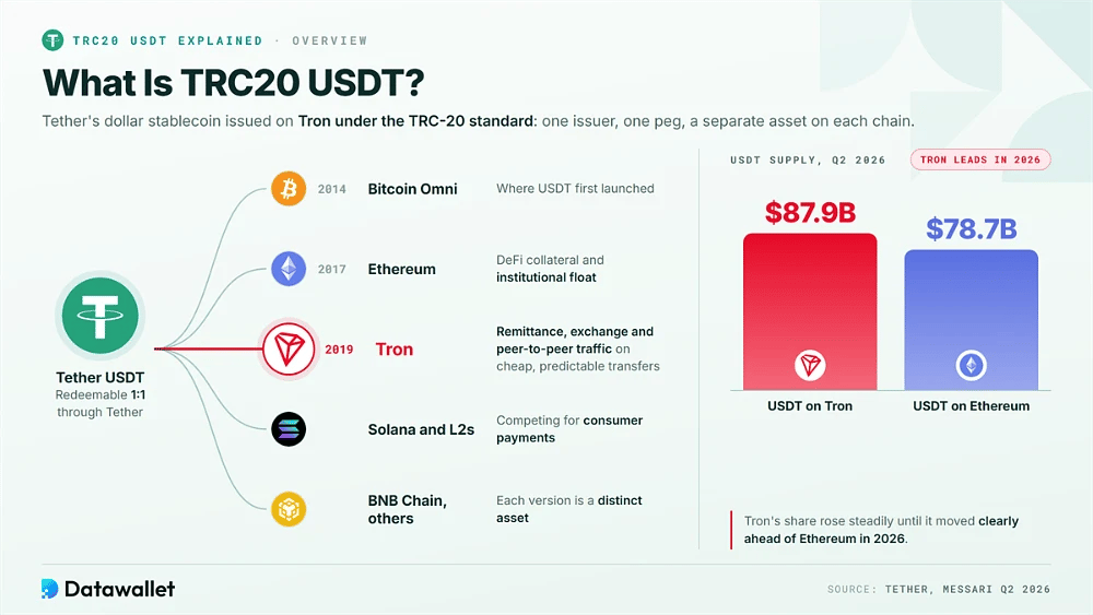 Vue d'ensemble du TRC20 USDT montrant l'émission d'USDT par Tether sur Bitcoin Omni, Ethereum, Tron, Solana et BNB Chain, avec 87,9 milliards de dollars sur Tron contre 78,7 milliards de dollars sur Ethereum au deuxième trimestre 2026