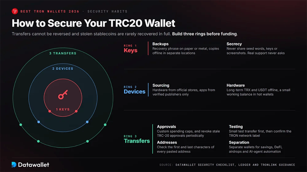 Три уровня безопасности для TRC-20 кошелька, охватывающие ключи, устройства и переводы, с восемью правилами от офлайн-бекапов до раздельных кошельков.