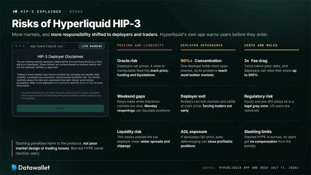 Dichiarazione di esclusione di responsabilità del deployer di Hyperliquid HIP-3 accanto a nove rischi raggruppati in prezzi e liquidità, dipendenza dal deployer, costi e regole