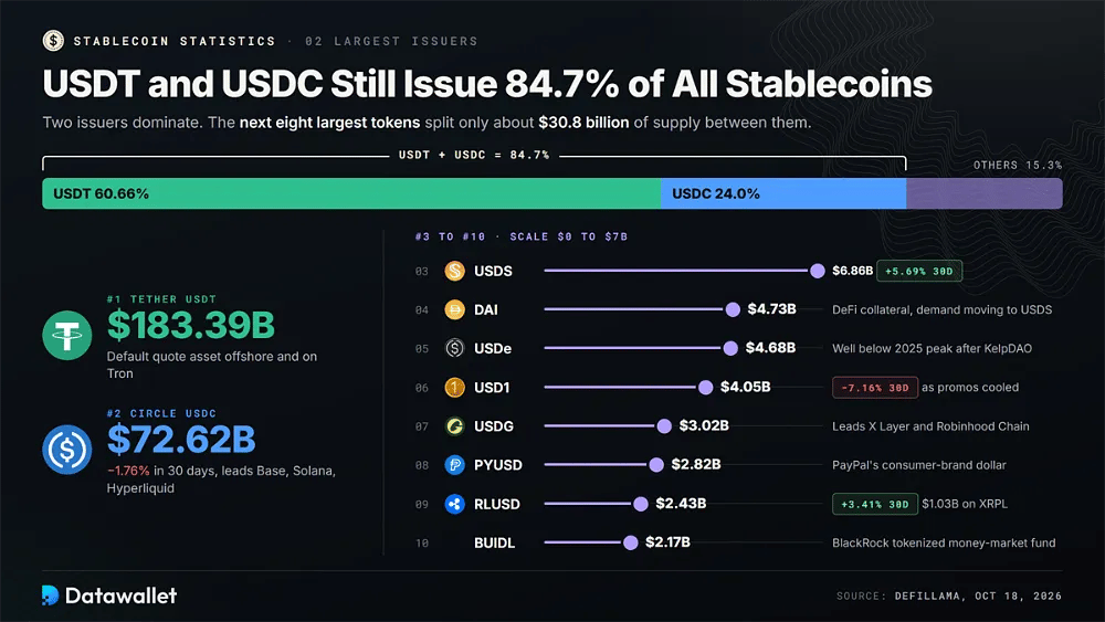 Barra delle quote di USDT 60,66% e USDC 24% per un totale di 84,7%, con USDT a 183,39 miliardi di dollari, USDC a 72,62 miliardi di dollari e le otto stablecoin successive, da USDS 6,86 miliardi di dollari a BUIDL 2,17 miliardi di dollari