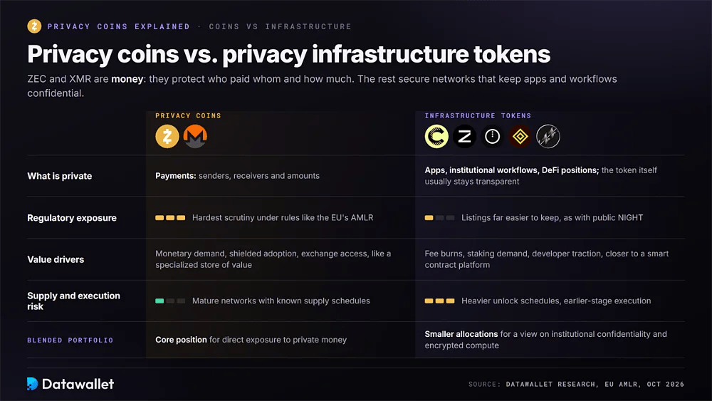 Privacy coins ZEC and XMR compared with infrastructure tokens CC, ZAMA, NIGHT, AZTEC and RAIL on privacy scope, regulatory exposure, value drivers and risk