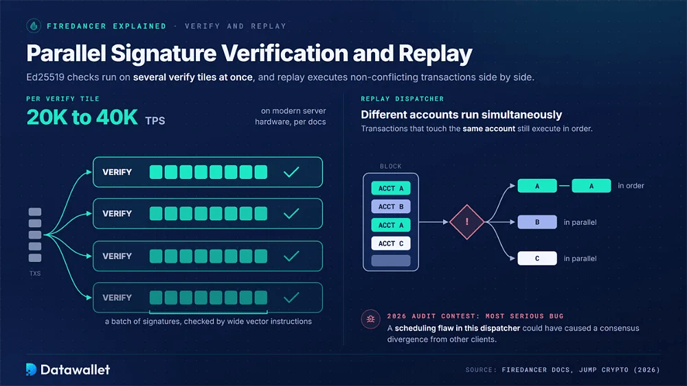 Firedancer verify tiles checking signature batches at 20,000 to 40,000 TPS each, and a replay dispatcher running transactions on different accounts in parallel