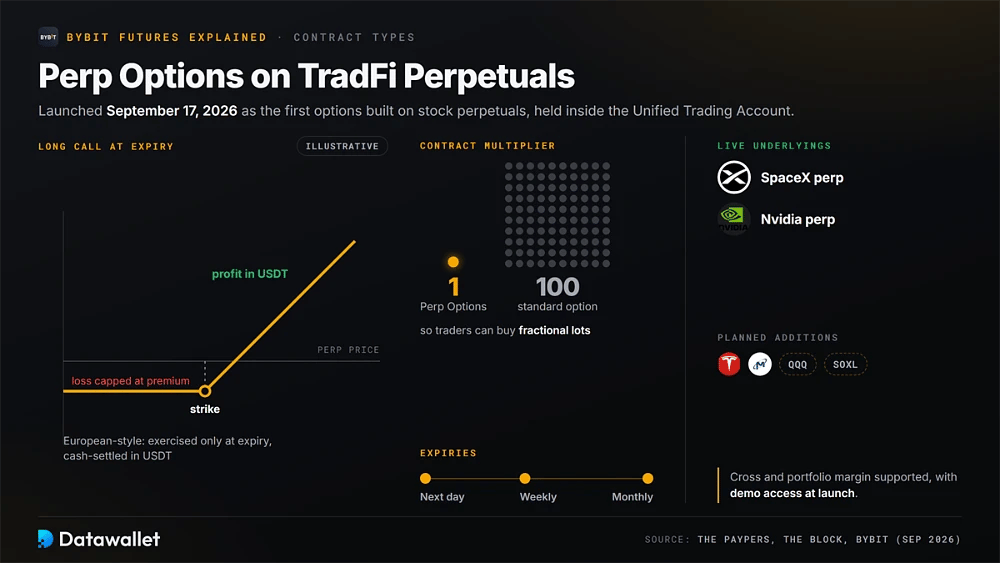 Bybit Perp Options con payoff call europeo regolato in contanti in USDT, un moltiplicatore di 1 contro 100 azioni, e contratti perpetui su SpaceX e Nvidia come sottostanti attivi
