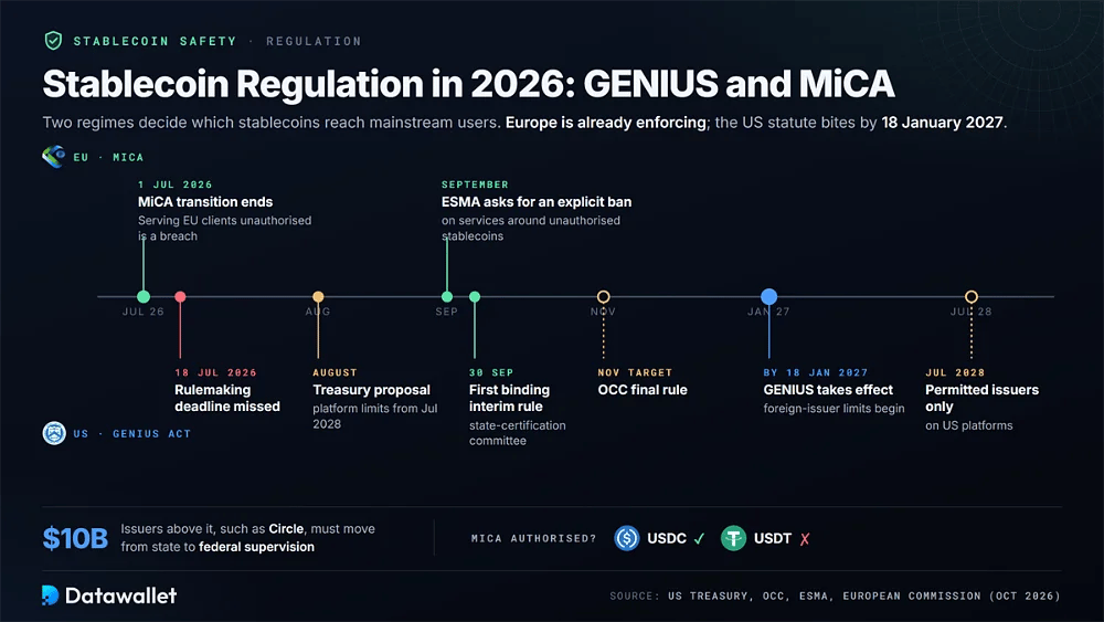 Cronología en dos vías de la GENIUS Act y MiCA, desde el plazo de MiCA del 1 de julio de 2026 hasta la entrada en vigor de GENIUS el 18 de enero de 2027 y los límites a las plataformas estadounidenses en julio de 2028, con el umbral de supervisión federal de 10.000 millones de dólares