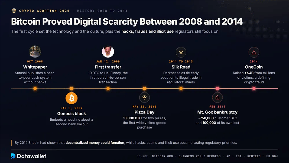 Cronologia di Bitcoin dal whitepaper di ottobre 2008 e dal blocco genesi di gennaio 2009 al Pizza Day, a Silk Road, alla bancarotta di Mt. Gox e alla frode OneCoin nel 2014