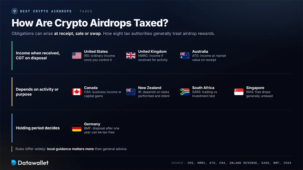 Trattamento fiscale degli airdrop crypto in otto paesi, raggruppati in reddito alla ricezione (USA, Regno Unito, Australia), dipendente dall'attività (Canada, Nuova Zelanda, Sudafrica, Singapore) e basato sul periodo di detenzione (Germania)